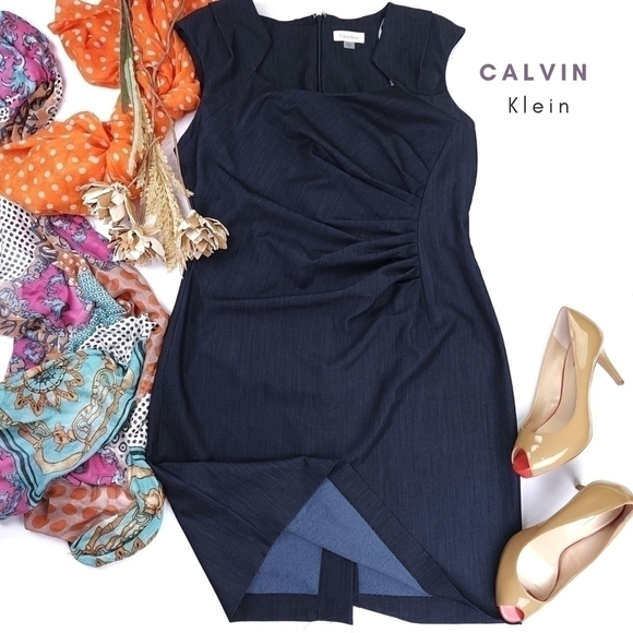 New Calvin Klein Dark Navy Side Rouged Dress Size 14 - Picture 1 of 9